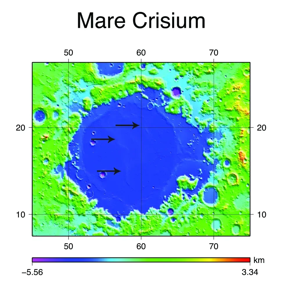 LOLA topographic map of Mare Crisium showing the basin floor and surrounding rim