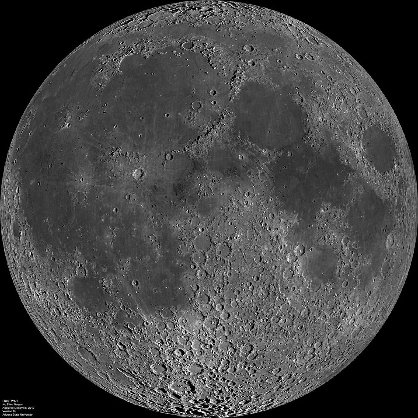 LRO Wide Angle Camera mosaic of the lunar near side showing Mare Imbrium as the large dark basin in the northwestern near side