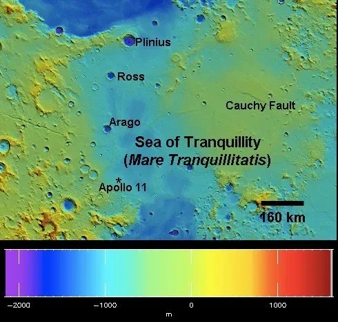 LOLA topographic map of Mare Tranquillitatis with the Apollo 11 landing area marked