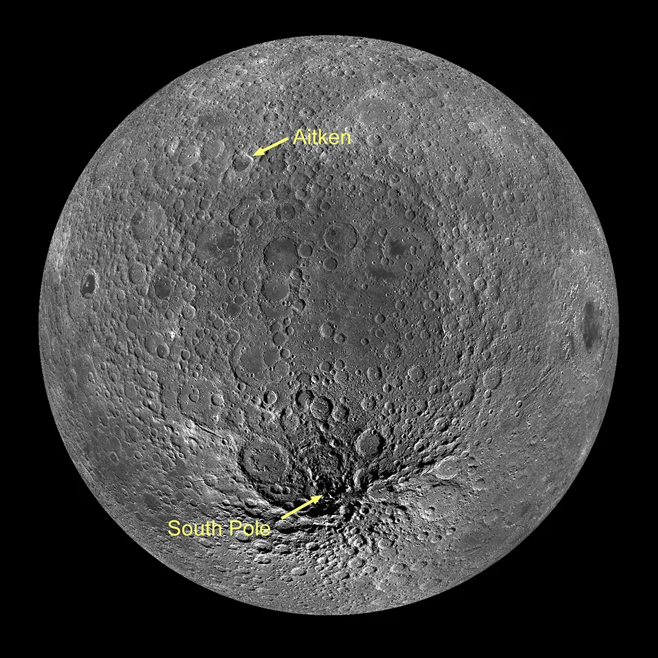 Orthographic lunar topographic view centred on the South Pole-Aitken Basin